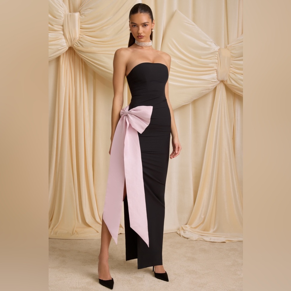 Oh Polly Black Strapless Dress with Pink bow
